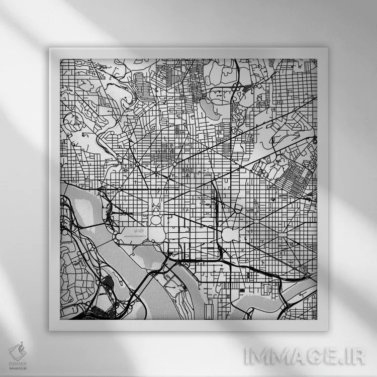 تابلو نقشهٔ جادههای شهری واشینگتن دیسی (سفید) اثر اوربانمپ (نقشه شهری؛ استودیو نقشه یا طراح) - نمای قابدار سفید