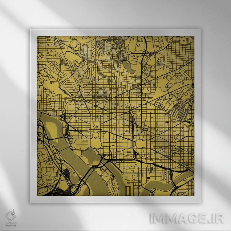 تابلو نقشهٔ جادههای شهری واشینگتن دیسی (زرد) اثر اوربانمپ (نقشه شهری؛ استودیو نقشه یا طراح) - نمای قابدار سفید