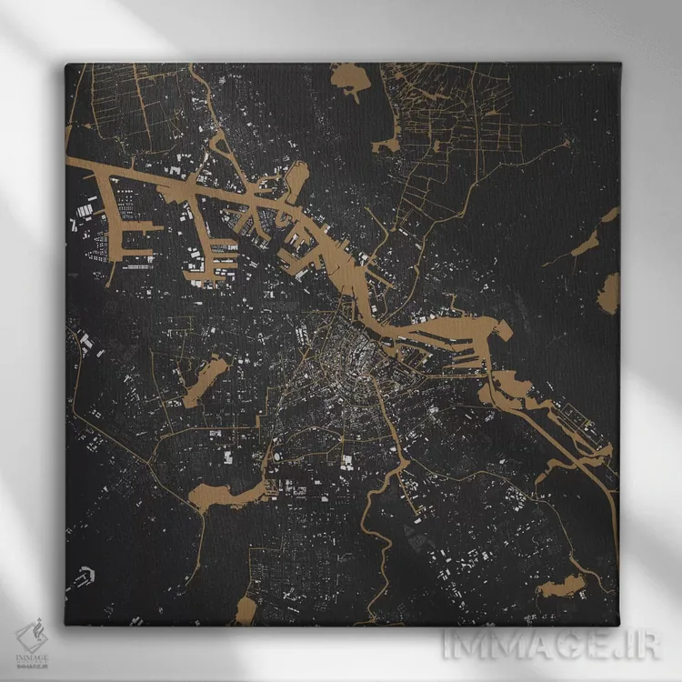 تابلو نقشهٔ شهری آمستردام (سیاه و طلایی) اثر اوربانمپ (نقشه شهری؛ استودیو نقشه یا طراح) - نمای روبهرو روی دیوار