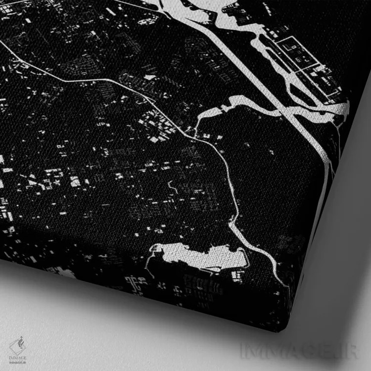 تابلو نقشهٔ شهری آمستردام (سیاه) اثر اوربانمپ (نقشه شهری؛ استودیو نقشه یا طراح) - نمای نزدیک بافت بوم