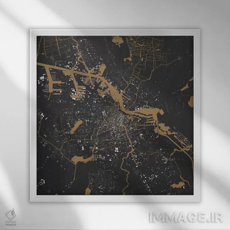 تابلو نقشهٔ شهری آمستردام (سیاه و طلایی) اثر اوربانمپ (نقشه شهری؛ استودیو نقشه یا طراح) - نمای قابدار سفید