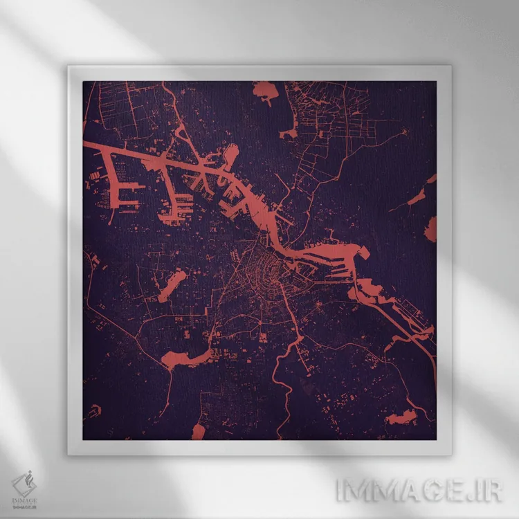 تابلو نقشهٔ شهری آمستردام (شب بنفش) اثر اوربانمپ (نقشه شهری؛ استودیو نقشه یا طراح) - نمای قابدار سفید