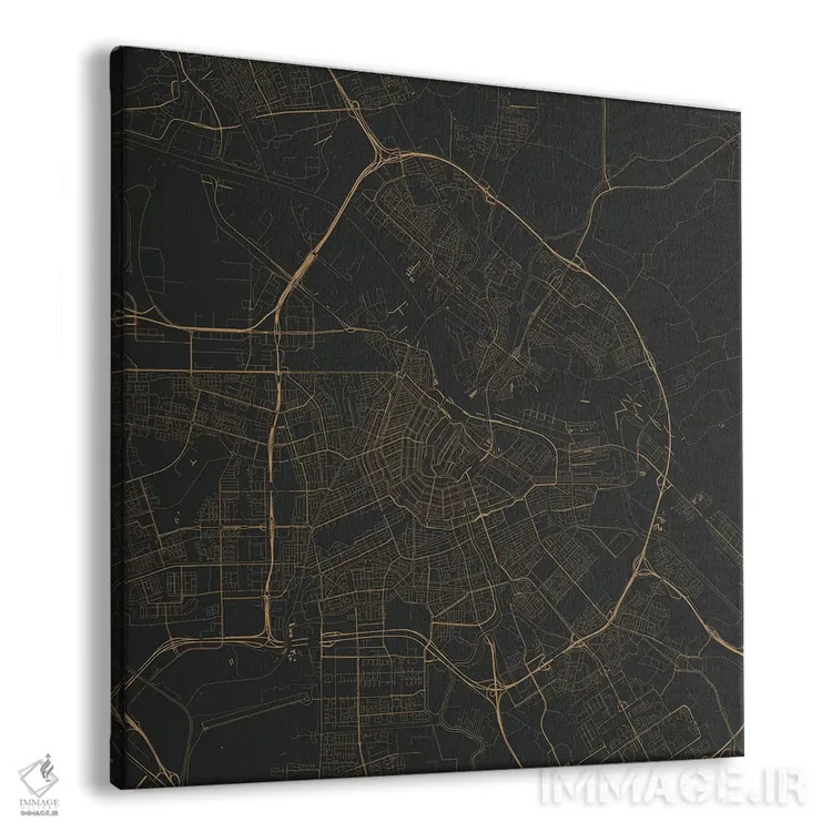 تابلو نقشهٔ جادههای شهری آمستردام (سیاه و طلایی) اثر اوربانمپ (نقشه شهری؛ استودیو نقشه یا طراح) - نمای پرسپکتیو محصول
