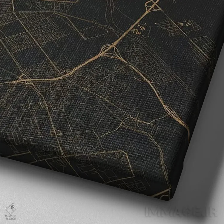 تابلو نقشهٔ جادههای شهری آمستردام (سیاه و طلایی) اثر اوربانمپ (نقشه شهری؛ استودیو نقشه یا طراح) - نمای نزدیک بافت بوم