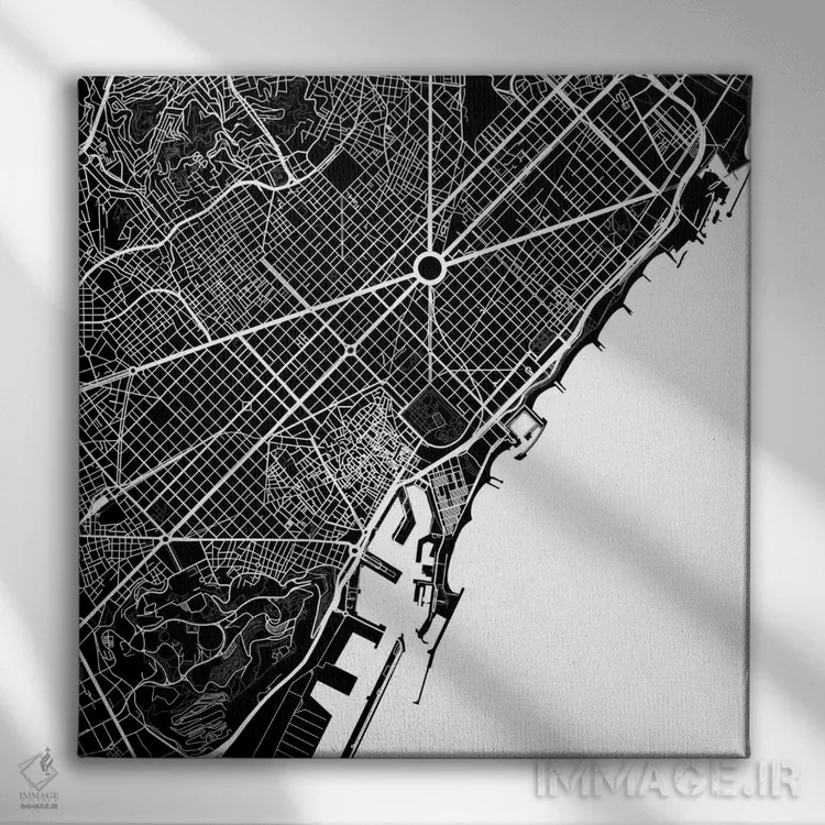 تابلو نقشهٔ شهری بارسلونا (سفید) اثر اوربانمپ (نقشه شهری؛ استودیو نقشه یا طراح) - نمای روبهرو روی دیوار