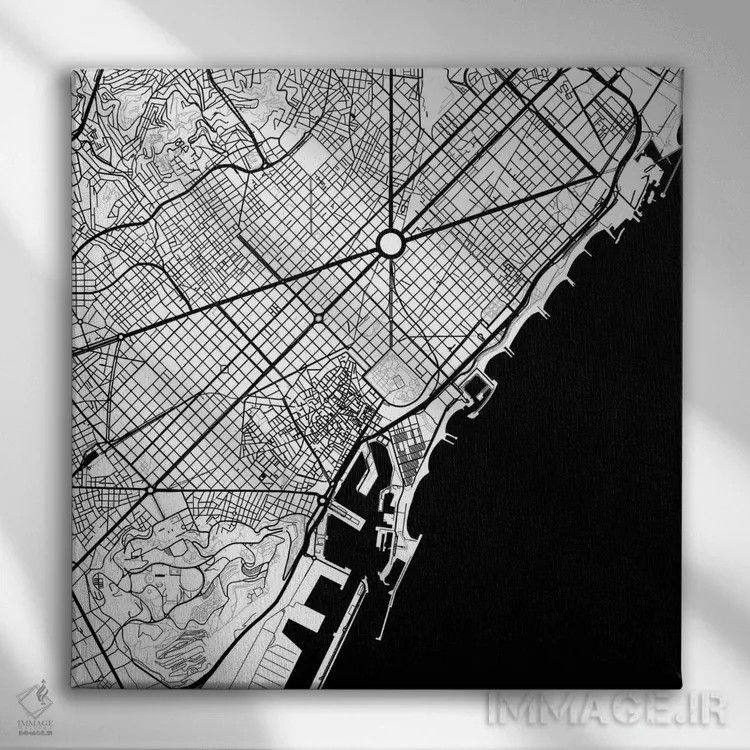 تابلو نقشهٔ شهری بارسلونا (سیاه) اثر اوربانمپ (نقشه شهری؛ استودیو نقشه یا طراح) - نمای روبهرو روی دیوار
