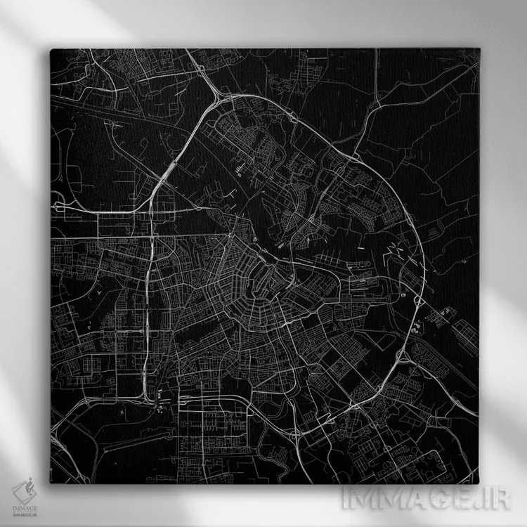 تابلو نقشهٔ جادههای شهری آمستردام (سیاه) اثر اوربانمپ (نقشه شهری؛ استودیو نقشه یا طراح) - نمای روبهرو روی دیوار