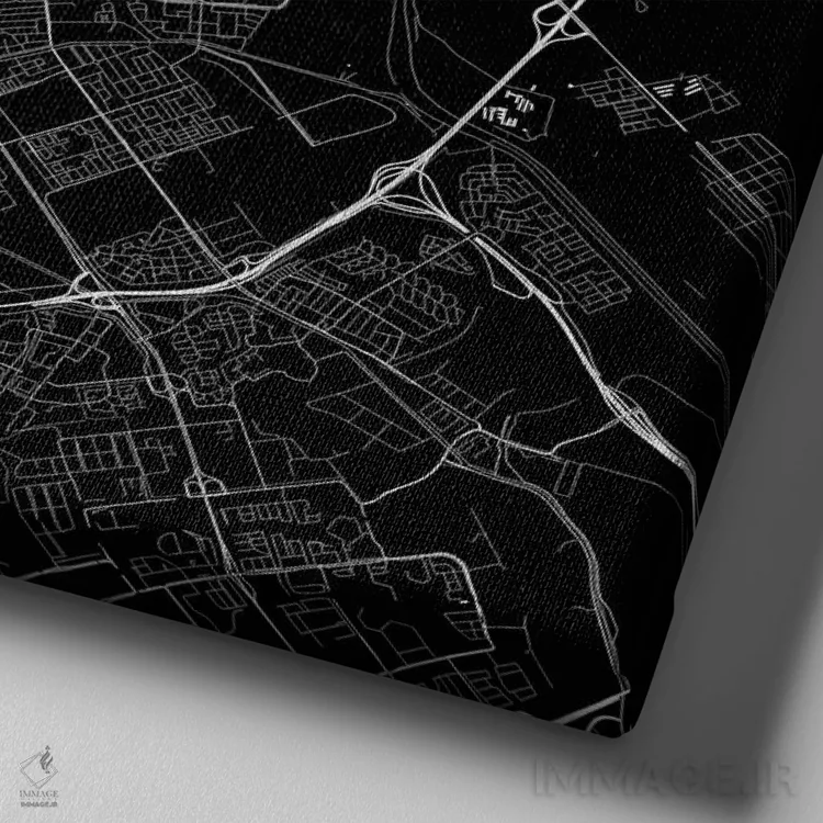 تابلو نقشهٔ جادههای شهری آمستردام (سیاه) اثر اوربانمپ (نقشه شهری؛ استودیو نقشه یا طراح) - نمای نزدیک بافت بوم