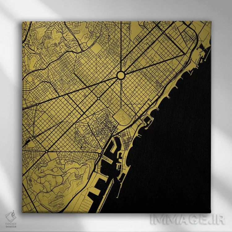 تابلو نقشهٔ شهری بارسلونا (زرد) اثر اوربانمپ (نقشه شهری؛ استودیو نقشه یا طراح) - نمای روبهرو روی دیوار