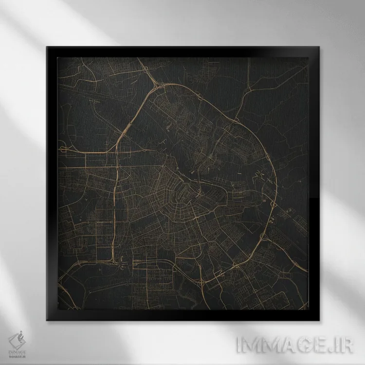 تابلو نقشهٔ جادههای شهری آمستردام (سیاه و طلایی) اثر اوربانمپ (نقشه شهری؛ استودیو نقشه یا طراح) - نمای قابدار مشکی
