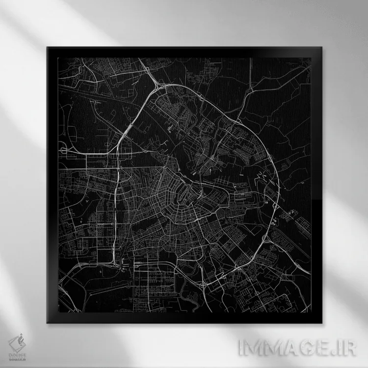 تابلو نقشهٔ جادههای شهری آمستردام (سیاه) اثر اوربانمپ (نقشه شهری؛ استودیو نقشه یا طراح) - نمای قابدار مشکی