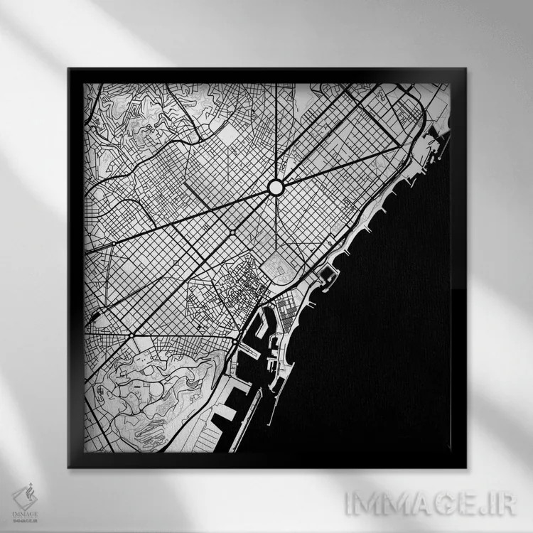 تابلو نقشهٔ شهری بارسلونا (سیاه) اثر اوربانمپ (نقشه شهری؛ استودیو نقشه یا طراح) - نمای قابدار مشکی