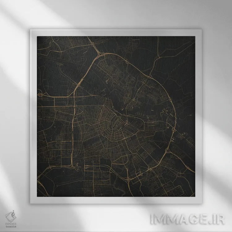تابلو نقشهٔ جادههای شهری آمستردام (سیاه و طلایی) اثر اوربانمپ (نقشه شهری؛ استودیو نقشه یا طراح) - نمای قابدار سفید