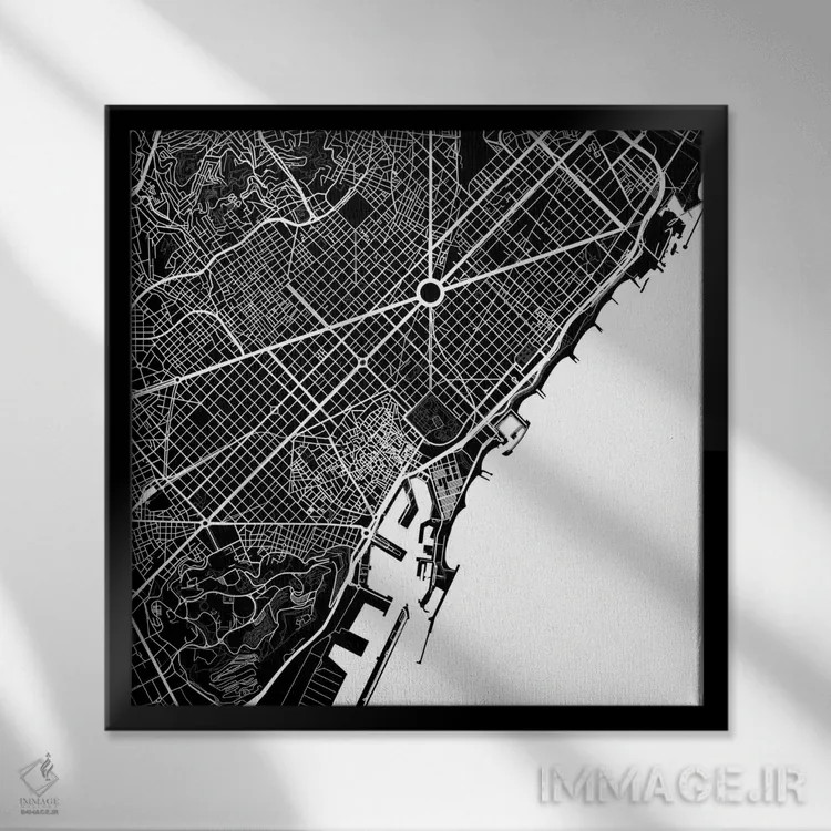 تابلو نقشهٔ شهری بارسلونا (سفید) اثر اوربانمپ (نقشه شهری؛ استودیو نقشه یا طراح) - نمای قابدار مشکی