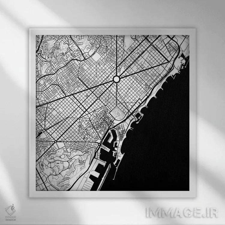 تابلو نقشهٔ شهری بارسلونا (سیاه) اثر اوربانمپ (نقشه شهری؛ استودیو نقشه یا طراح) - نمای قابدار سفید