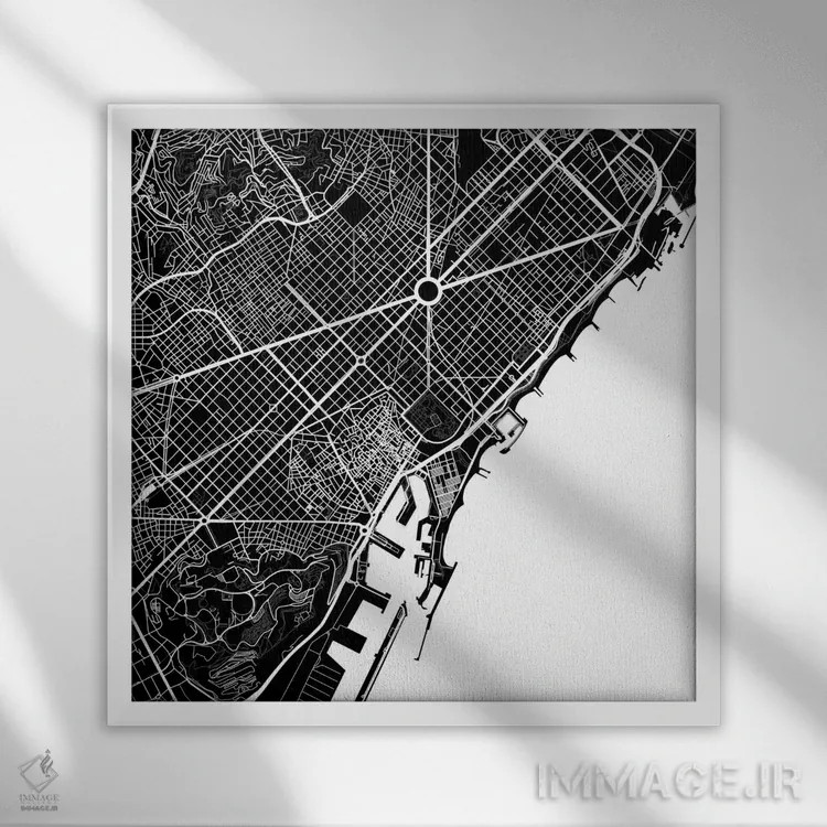 تابلو نقشهٔ شهری بارسلونا (سفید) اثر اوربانمپ (نقشه شهری؛ استودیو نقشه یا طراح) - نمای قابدار سفید