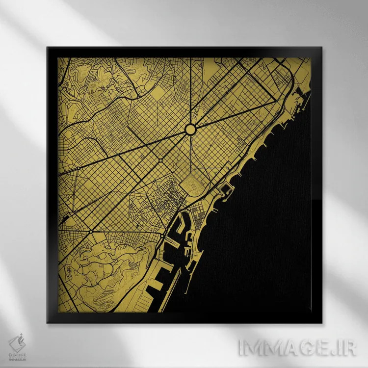 تابلو نقشهٔ شهری بارسلونا (زرد) اثر اوربانمپ (نقشه شهری؛ استودیو نقشه یا طراح) - نمای قابدار مشکی