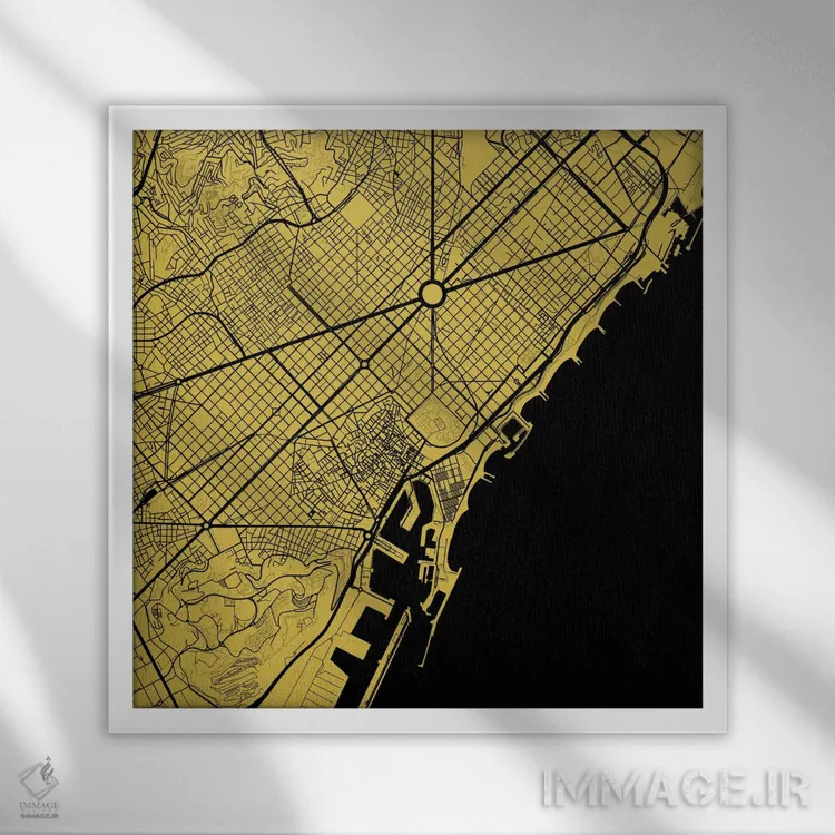 تابلو نقشهٔ شهری بارسلونا (زرد) اثر اوربانمپ (نقشه شهری؛ استودیو نقشه یا طراح) - نمای قابدار سفید