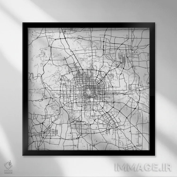تابلو نقشهٔ شهری پکن (سفید) اثر اوربانمپ (نقشه شهری؛ استودیو نقشه یا طراح) - نمای قابدار مشکی