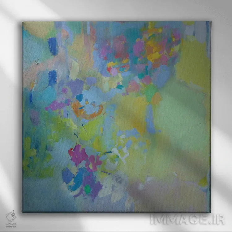 تابلو گلهای روشن بر زمینهٔ زرد کمرنگ اثر النا شرایبمن - نمای روبهرو روی دیوار