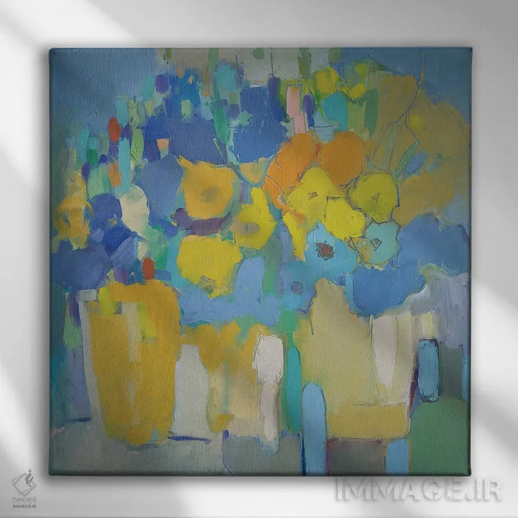 تابلو گلهای زرد و آبی اثر النا شرایبمن - نمای روبهرو روی دیوار