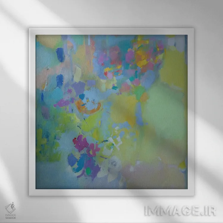 تابلو گلهای روشن بر زمینهٔ زرد کمرنگ اثر النا شرایبمن - نمای قابدار سفید