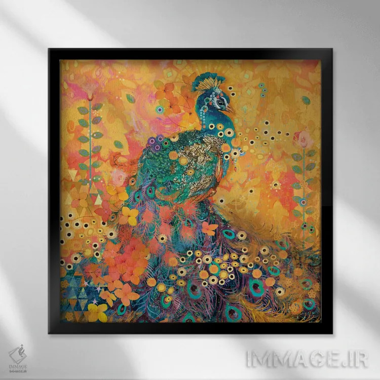 تابلو طاووس آفریکارما اثر اولیا دیزاینز (استودیو طراحی) - نمای قابدار مشکی