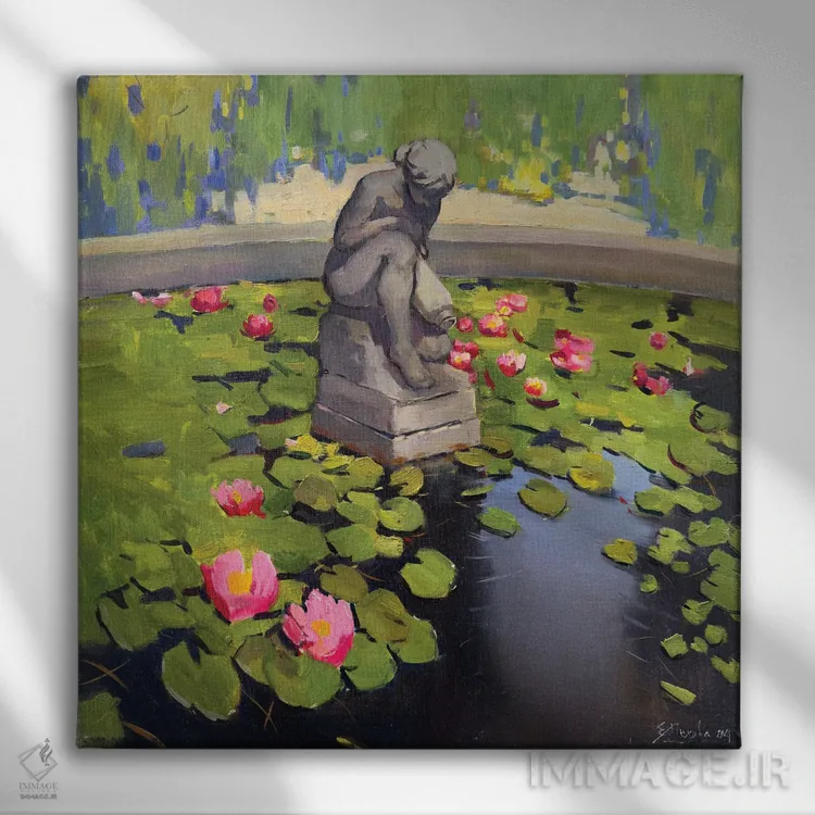 تابلو نیلوفرهای آبی اثر اوگنیا مکانوا - نمای روبهرو روی دیوار