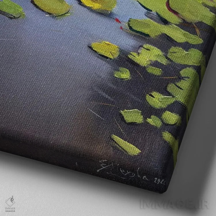 تابلو نیلوفرهای آبی اثر اوگنیا مکانوا - نمای نزدیک بافت بوم