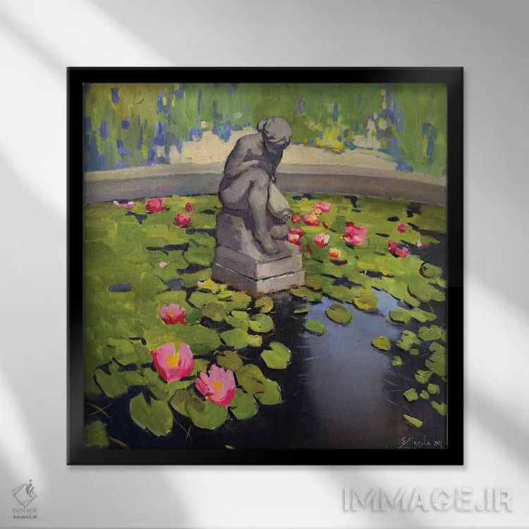 تابلو نیلوفرهای آبی اثر اوگنیا مکانوا - نمای قابدار مشکی