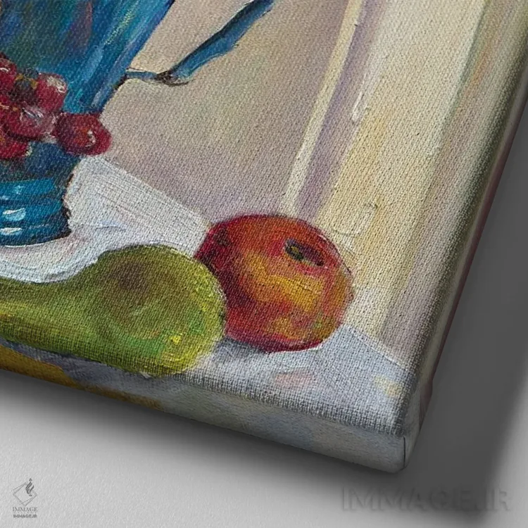 تابلو طبیعت بیجان با گلهای وحشی و میوهها ۲ اثر اوگنیا مکانوا - نمای نزدیک بافت بوم