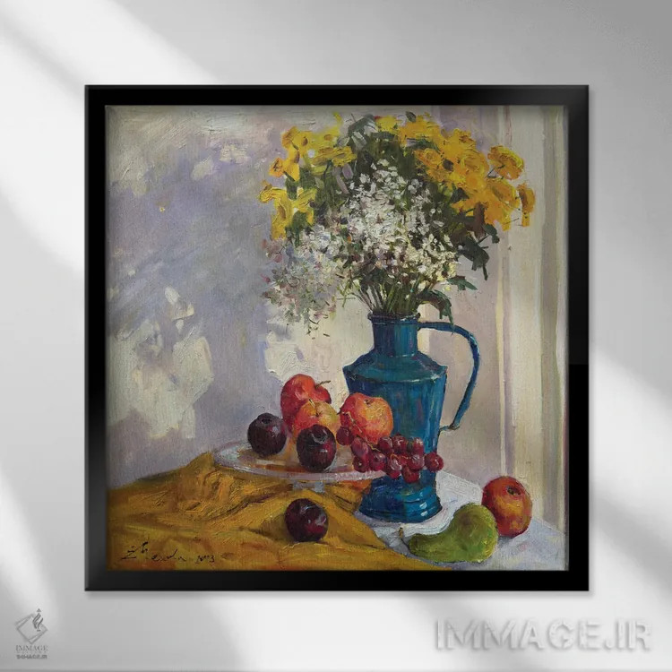 تابلو طبیعت بیجان با گلهای وحشی و میوهها ۲ اثر اوگنیا مکانوا - نمای قابدار مشکی