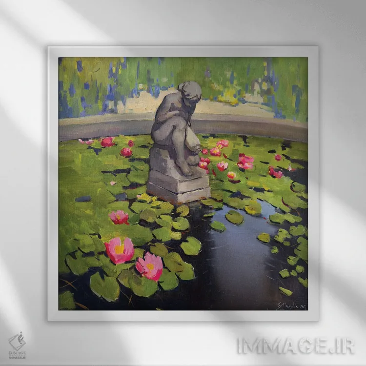 تابلو نیلوفرهای آبی اثر اوگنیا مکانوا - نمای قابدار سفید