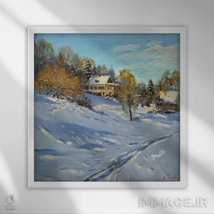 تابلو منظرهٔ زمستانی اثر اوگنیا مکانوا - نمای قابدار سفید