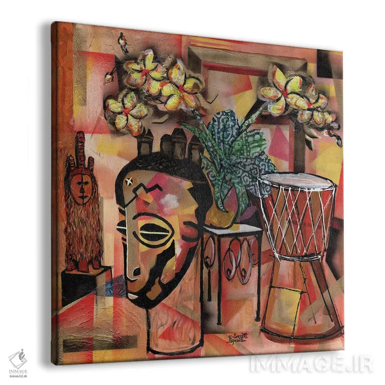 تابلو طبیعت بیجان با ارکیده، نقابها و جمبه (ساز آفریقایی) اثر اورِت اسپرویل - نمای پرسپکتیو محصول