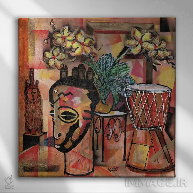 تابلو طبیعت بیجان با ارکیده، نقابها و جمبه (ساز آفریقایی) اثر اورِت اسپرویل - نمای روبهرو روی دیوار