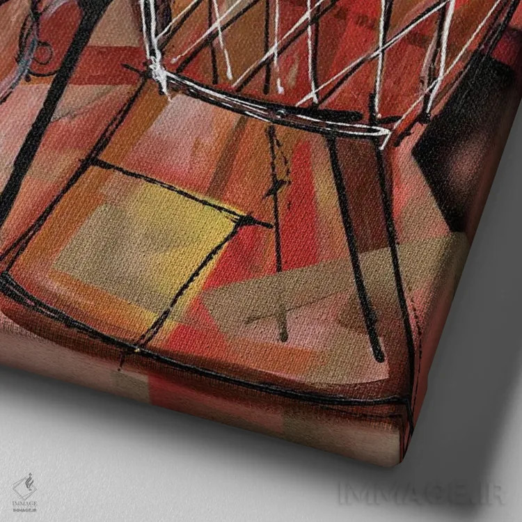 تابلو طبیعت بیجان با ارکیده، نقابها و جمبه (ساز آفریقایی) اثر اورِت اسپرویل - نمای نزدیک بافت بوم