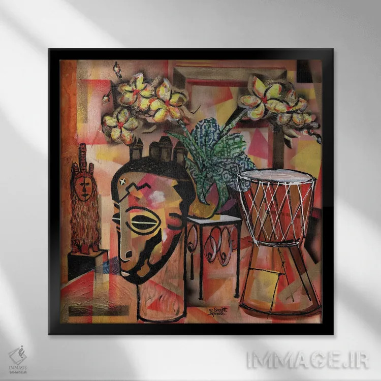 تابلو طبیعت بیجان با ارکیده، نقابها و جمبه (ساز آفریقایی) اثر اورِت اسپرویل - نمای قابدار مشکی