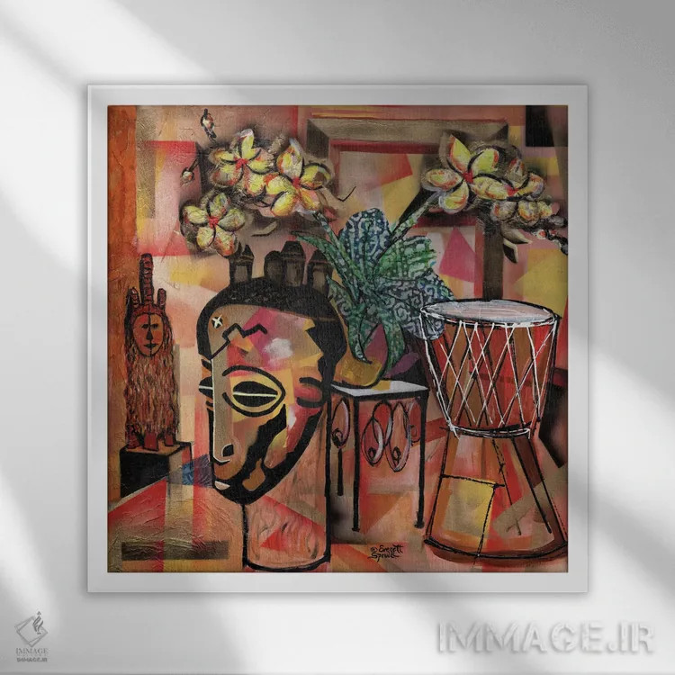 تابلو طبیعت بیجان با ارکیده، نقابها و جمبه (ساز آفریقایی) اثر اورِت اسپرویل - نمای قابدار سفید