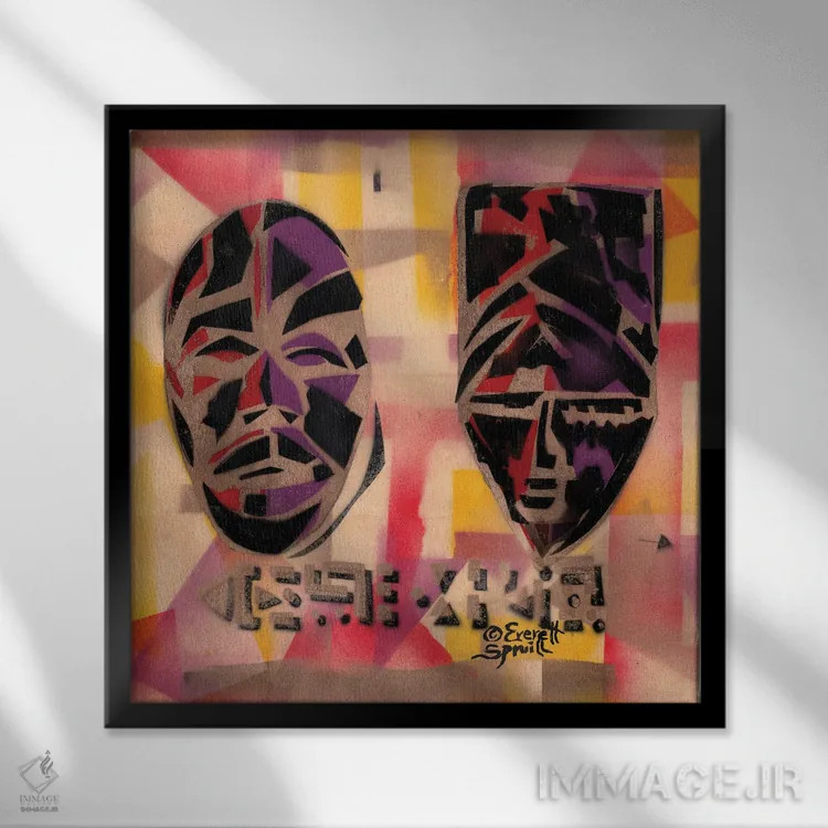 تابلو دو ماسک آفریقایی اثر اورِت اسپرویل - نمای قابدار مشکی