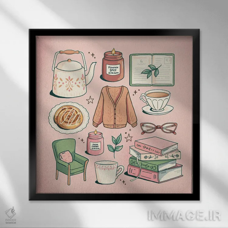 تابلو وسایل اساسی گوشهٔ مطالعه اثر ایو اندرسون - نمای قابدار مشکی