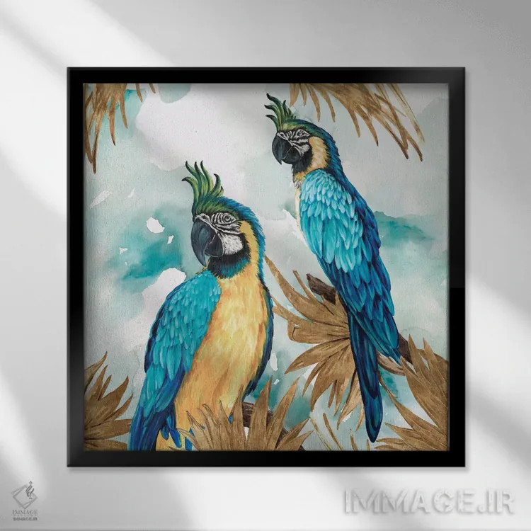 تابلو طوطیهای طلایی اثر اوا واتس - نمای قابدار مشکی