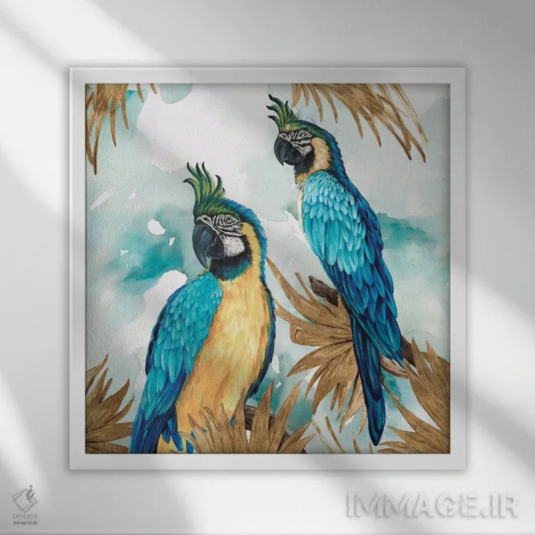 تابلو طوطیهای طلایی اثر اوا واتس - نمای قابدار سفید