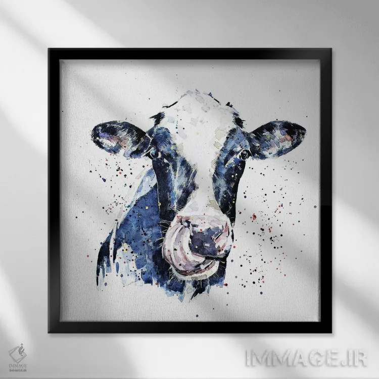 تابلو گاو هلشتاین ۱ اثر ادز واترکالرز (برند نقاشی آبرنگ) - نمای قابدار مشکی