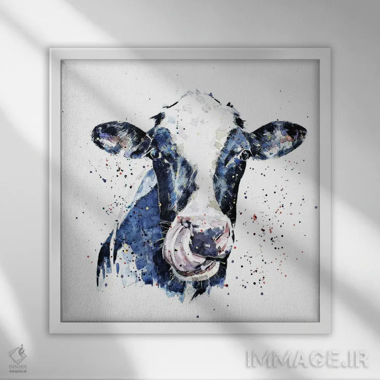 تابلو گاو هلشتاین ۱ اثر ادز واترکالرز (برند نقاشی آبرنگ) - نمای قابدار سفید