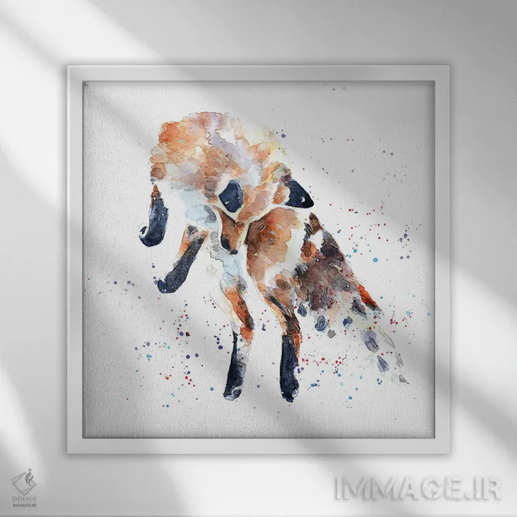 تابلو روباه شکارچی موش ۱ اثر ادز واترکالرز (برند نقاشی آبرنگ) - نمای قابدار سفید