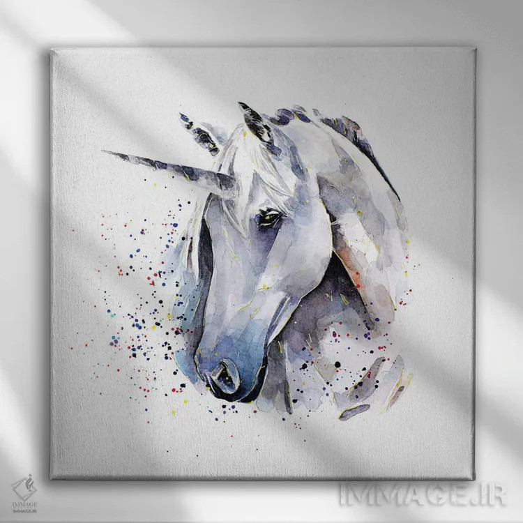 تابلو تکشاخ (موجود افسانهای) اثر ادز واترکالرز (برند نقاشی آبرنگ) - نمای روبهرو روی دیوار