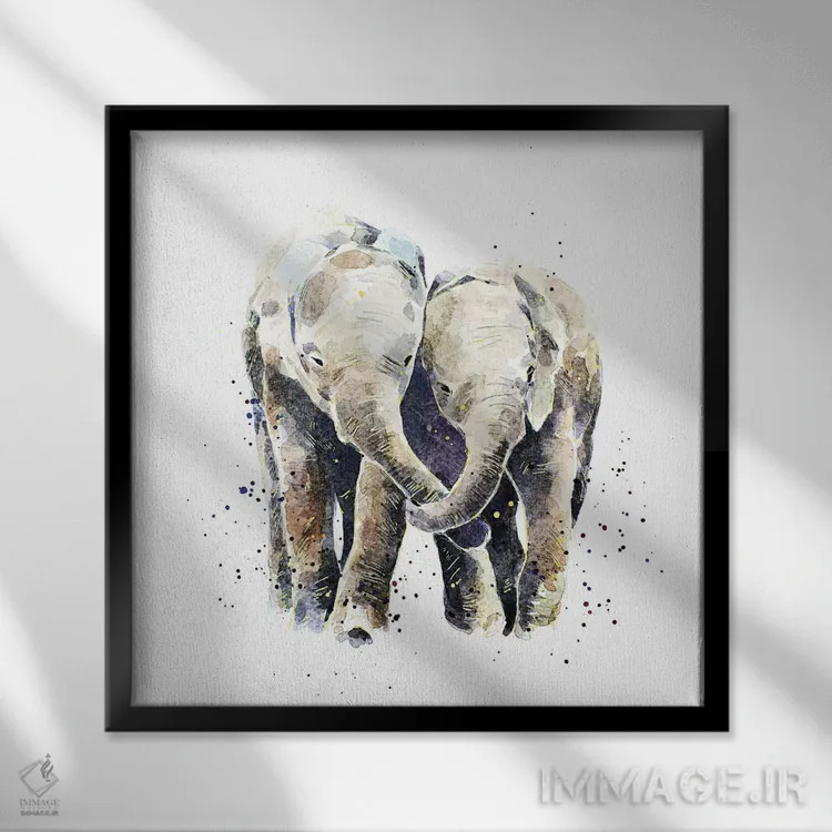 تابلو دو فیل اثر ادز واترکالرز (برند نقاشی آبرنگ) - نمای قابدار مشکی