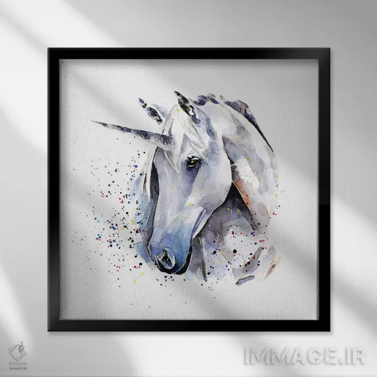 تابلو تکشاخ (موجود افسانهای) اثر ادز واترکالرز (برند نقاشی آبرنگ) - نمای قابدار مشکی