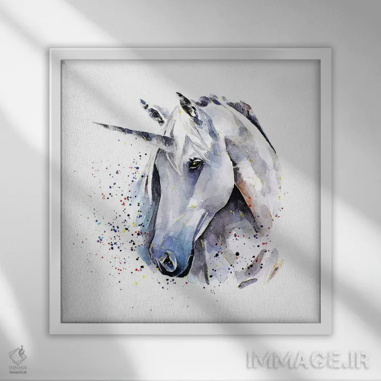 تابلو تکشاخ (موجود افسانهای) اثر ادز واترکالرز (برند نقاشی آبرنگ) - نمای قابدار سفید